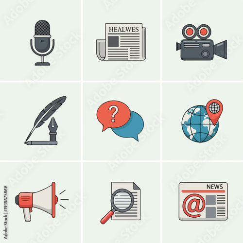 Journalism icons arranged in grid layout