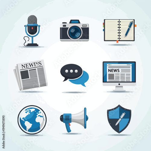 Journalism icons arranged in grid layout