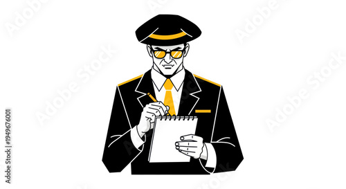 Illustration of a man in uniform taking notes on a white background