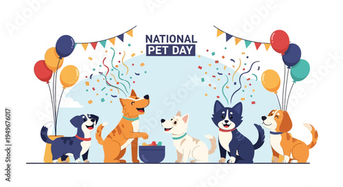 Happy Pets Celebration with Confetti – National Pet Day Festive Vector Illustration