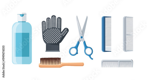 Pet Grooming Tools Set Brush Comb Shampoo – Animal Care Flat Vector Illustration