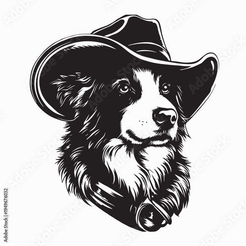 Border Collie Dog Wearing Sheriff Cowboy Hat Vector Illustration