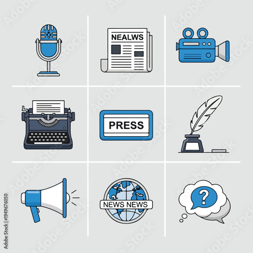 Journalism icons arranged in grid layout