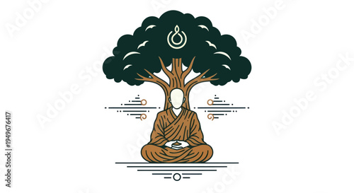 Meditating figure under a tree with symbolic elements on white background