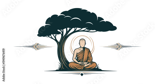 Meditating figure under tree symbolizing peace and enlightenment vector art