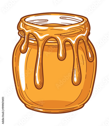 Vector illustration of a jar of honey with dripping golden liquid sweet food