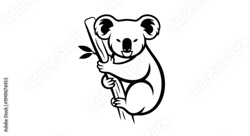 Monochrome koala clinging to branch isolated on white background