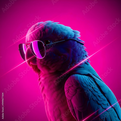 A stylish digital art creation featuring an incredibly cool parrot wearing trendy reflective sunglasses, illuminated by vibrant neon pink and blue lights, evoking a distinct retro synthwave aesthetic