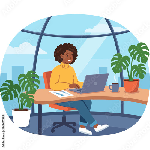 Woman working on laptop at modern office desk with plants nearby city view