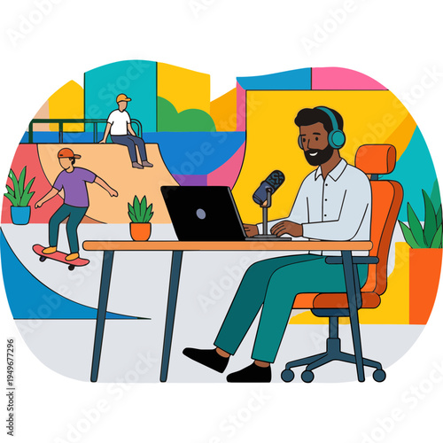 Man records podcast in office with skateboarder and people in background at skate park