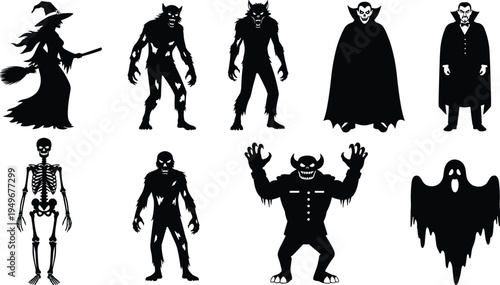 Foto Black silhouette collection of classic Halloween monsters including witch werewolf vampire skeleton zombie and ghost isolated on white background