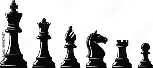 Foto Black silhouette set of classic chess pieces including king queen bishop knight rook and pawn isolated on white background vector