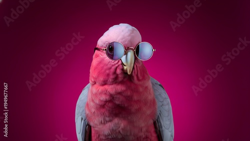 A charismatic Galah cockatoo, with its distinctive pink and gray plumage, confidently sports fashionable round mirrored sunglasses while posing directly at the camera against a bold and captivating