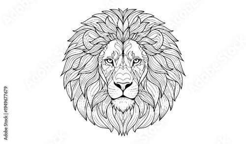 Detailed lion head coloring page with ornamental mane hand drawn vector line art illustration