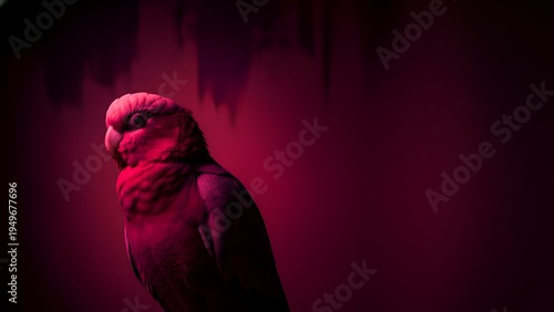 Vibrantly illuminated parrot standing prominently against a moody backdrop, showcasing its colorful feathers in a dramatic display of light and shadow, highlighting its expressive eye and intricate