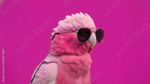 A stylish and cool Galah parrot wearing classic aviator sunglasses posing confidently against a vibrant solid magenta pink background suggesting fun and tropical humor