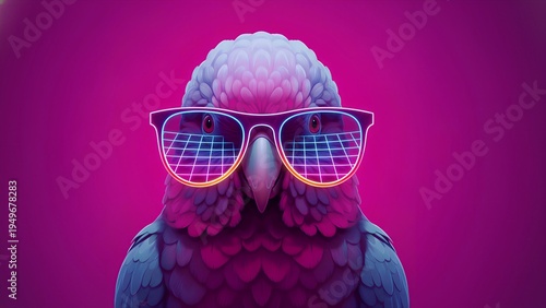 This visually striking vibrant feathered bird character confidently wears stylish neon grid-patterned glasses, exuding a playful yet intellectual retro-futuristic aesthetic against a vivid magenta