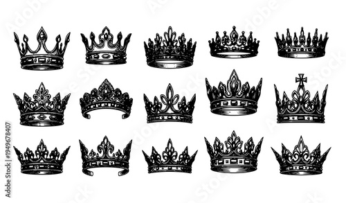 Classic heraldic crown icon vector set vintage royal symbols