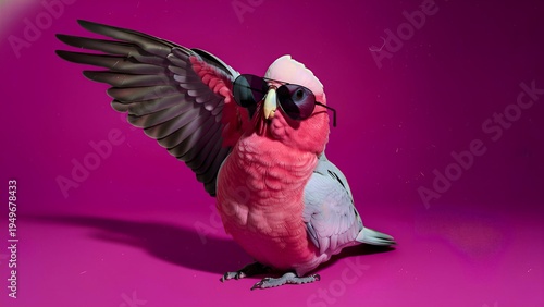 Stylish galah parrot wearing dark aviator sunglasses posing confidently with one wing spread wide against a vibrant magenta background for a cool portrait