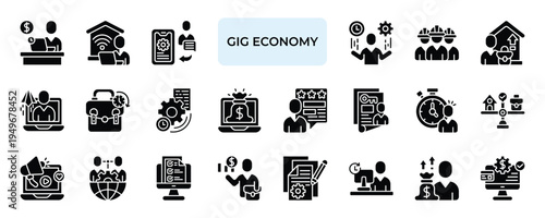 Gig Economy Icon set Collection in Solid Glyph Style. business, project, client, platform, demand, contract