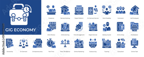 Gig Economy Icon set Collection in Glyph Two Color Style. business, project, client, platform, demand, contract