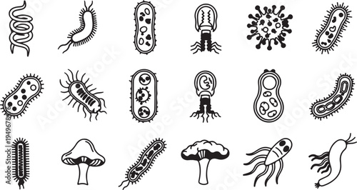 Bacteria and virus icon set, black hand drawn microbe doodles on white background
