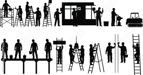 Construction and renovation workers silhouettes set, builders with ladder scaffold painting tools, building repair maintenance team vector illustration, professional contractor service collection