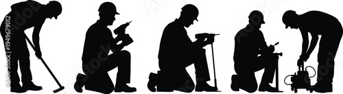 Construction technician worker silhouettes using drill hammer tools and repair equipment, professional installation maintenance service vector illustration collection for industry workers