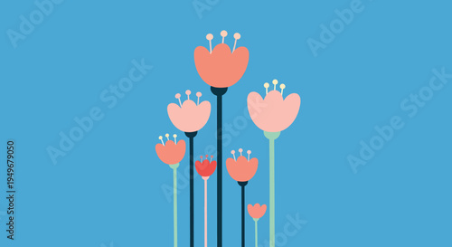 Beautiful minimalist flower illustration with pink and orange blossoms and green stems against a serene blue background, capturing natural elegance and simple botanical charm