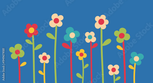 A delightful and colorful flower illustration showcasing a whimsical garden scene against a bright blue sky, evoking feelings of spring and cheerfulness in a charming graphic design
