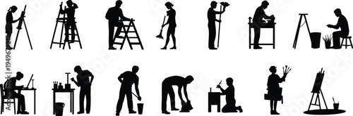 Artists and workers silhouettes collection, painters craftsmen cleaners people working with tools, creative profession activities set, black isolated vector illustration