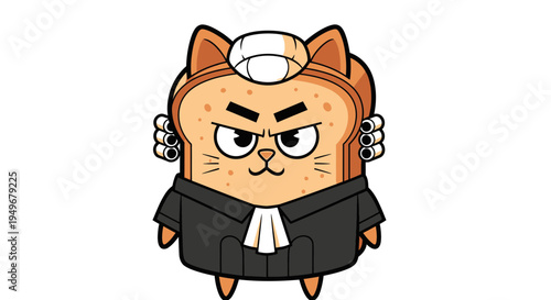cat toast lawyer character wearing wig and robe humorous legal mascot