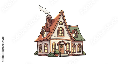 cute cartoon cottage house with chimney smoke cozy storybook home