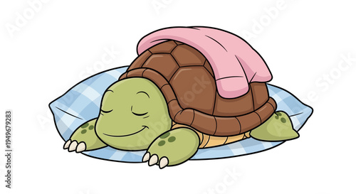 cute sleeping turtle under blanket cartoon cozy animal illustration