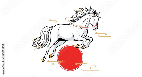 white horse leaping over red sun symbol asian traditional design
