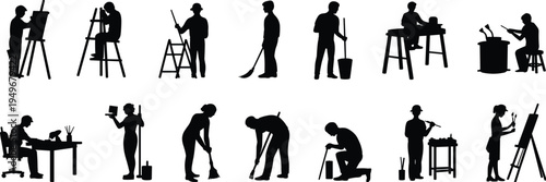 Creative workers silhouettes collection, artists painters cleaners craftsmen people working with tools, profession activity set, black isolated vector illustration