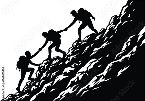 Mountaineers climbing steep mountain helping teammates, teamwork leadership and support concept, adventure success silhouette illustration isolated on white background