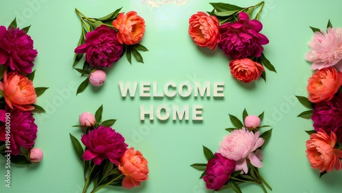 Beautifully arranged vibrant magenta, coral, and pink peony flowers and delicate buds form an elegant floral frame around the prominent white block letters spelling 