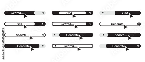 Web browser search bar frames with magnifier. Artificial intelligence, generate, find bar concept. Computer help assistant. Icon element for apps web. Vector illustration.