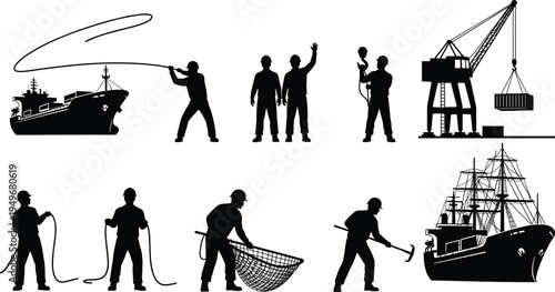 Fishing industry workers silhouettes with fishing boat nets rope and harbor crane, commercial fisherman maritime activity vector illustration collection
