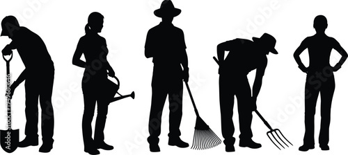 Gardeners silhouettes collection, people gardening with shovel rake watering can tools, landscaping worker activity isolated black vector illustration set