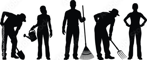 Gardeners silhouettes set, people gardening with shovel rake watering can tools, professional landscaping worker activity isolated black vector illustration