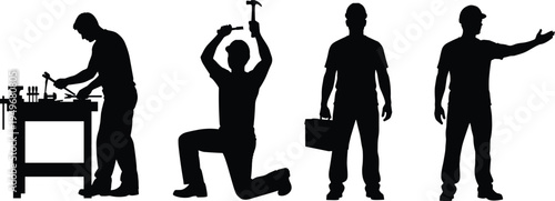 Handyman worker silhouettes set, construction repairman with hammer toolbox workshop activity, professional labor occupation people isolated black vector illustration