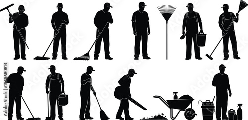 Professional cleaning workers silhouettes set, janitor staff with broom mop rake leaf blower bucket tools, sanitation service vector illustration collection maintenance crew
