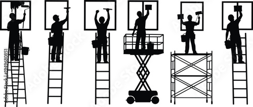 Window cleaner and painter worker silhouettes on ladder scaffold and lift platform, professional building maintenance and painting service vector illustration set