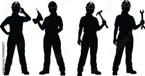 Female construction worker silhouettes with safety helmet holding drill hammer and wrench tools, professional builder technician maintenance vector illustration set