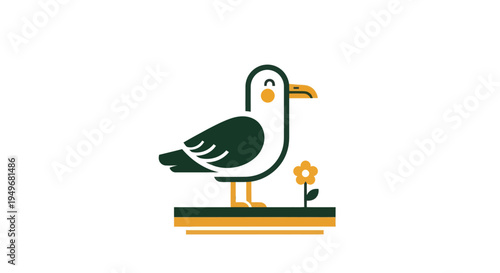 Stylized graphic illustration of a seagull with a flower on a white background