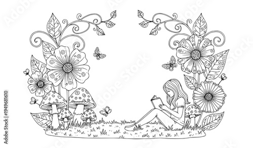 Whimsical garden girl reading among flowers line art adult coloring page vector illustration