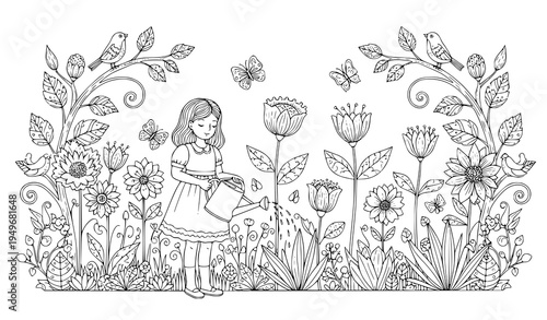 Girl watering flowers in whimsical garden line art adult coloring book vector illustration