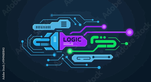 Abstract illustration of digital logic and circuit board elements on dark background